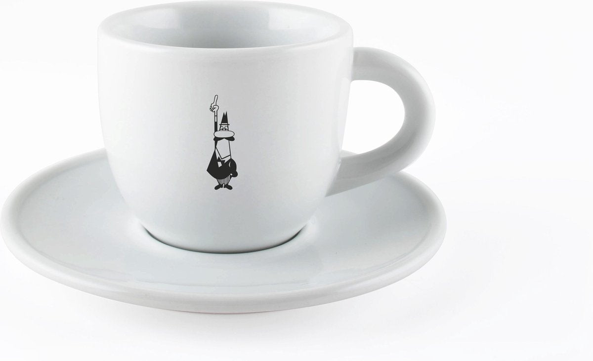 Taza de café o capuchino Bialetti con platillo – porcelana – blanco – vajilla original