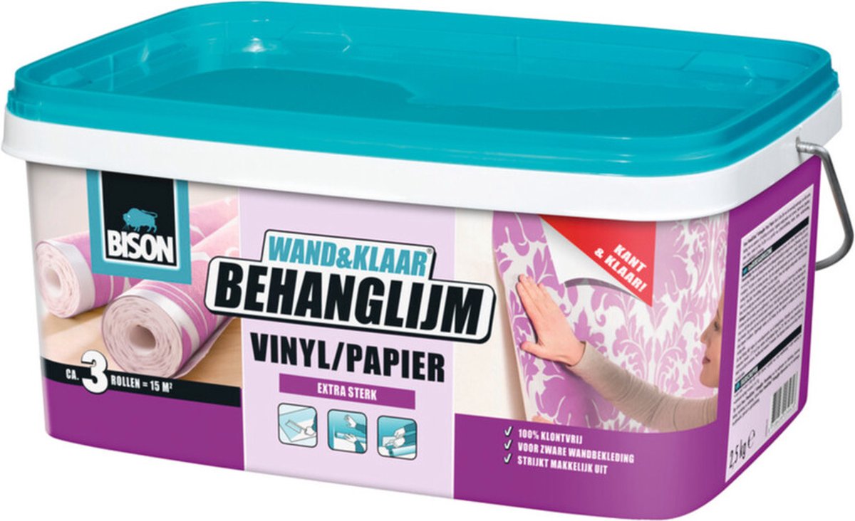 Secchio di carta vinilica adesiva per carta da parati Bison wall ready® 2,5 kg, pronto all'uso, facile da applicare, correggibile, buona adesione, per tutti i tipi di carta da parati con supporto in tessuto non tessuto
