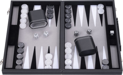 Backgammon Engelhart de 15 pulgadas - tablero con incrustaciones en negro, blanco y gris - estuche de cuero artificial con asa -