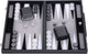 Engelhart backgammon 15 inch - zwart, wit grijs ingelegd bord - kunstlederen koffer met handvat -