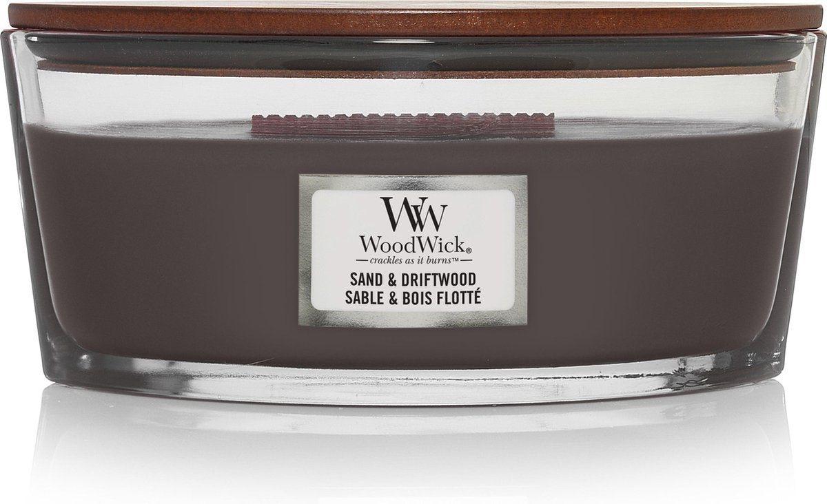 Vela perfumada Woodwick Heartwick Flame Ellipse - Madera flotante de arena - 50 horas de combustión