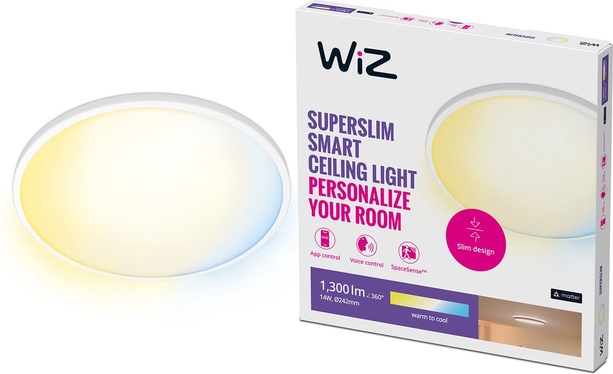 Lampada da soffitto Wiz super slim - diametro: 25 cm - luce bianca da calda a fredda - illuminazione LED intelligente - LED integrato - 14w - bianco - wi-fi