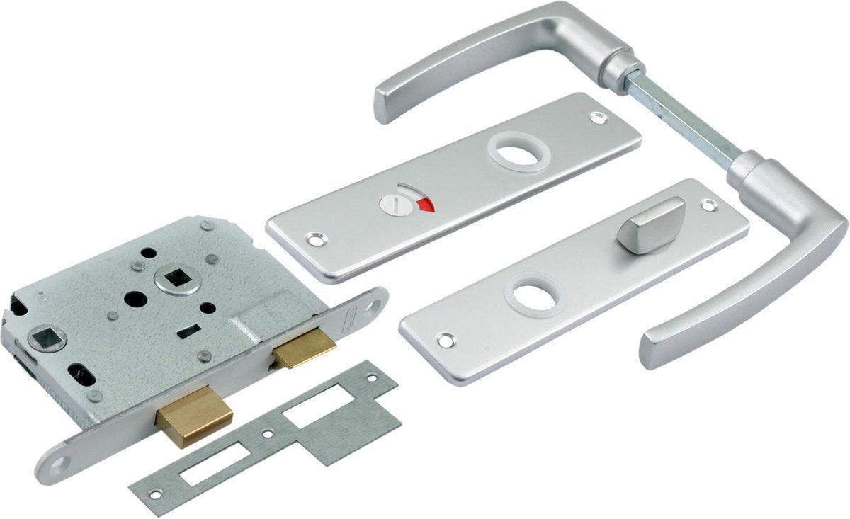 Cerradura para inodoro Starx con herrajes de aluminio blanco.