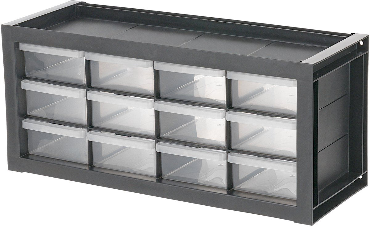Organizer da officina Iris 12 cassetti - armadio per pezzi dpc‑12 - organizzazione panoramica - plastica - grigio nero
