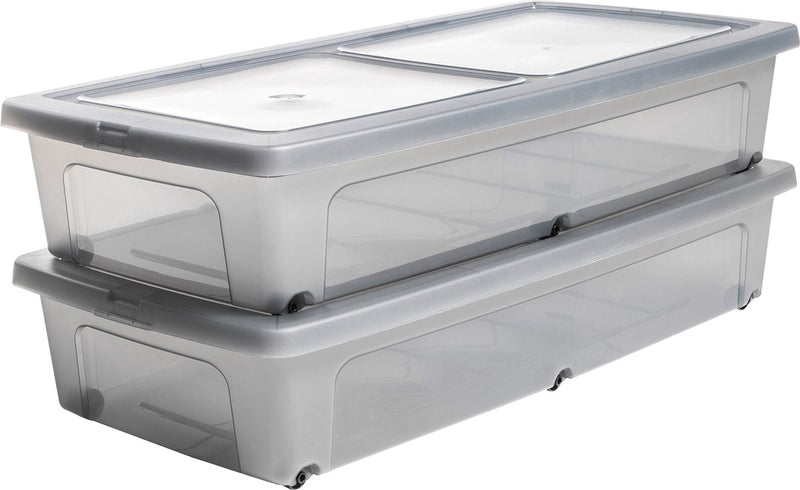 Contenitore trasparente Iris - sotto il letto - 35 l - plastica - grigio trasparente - con ruote - set da 2