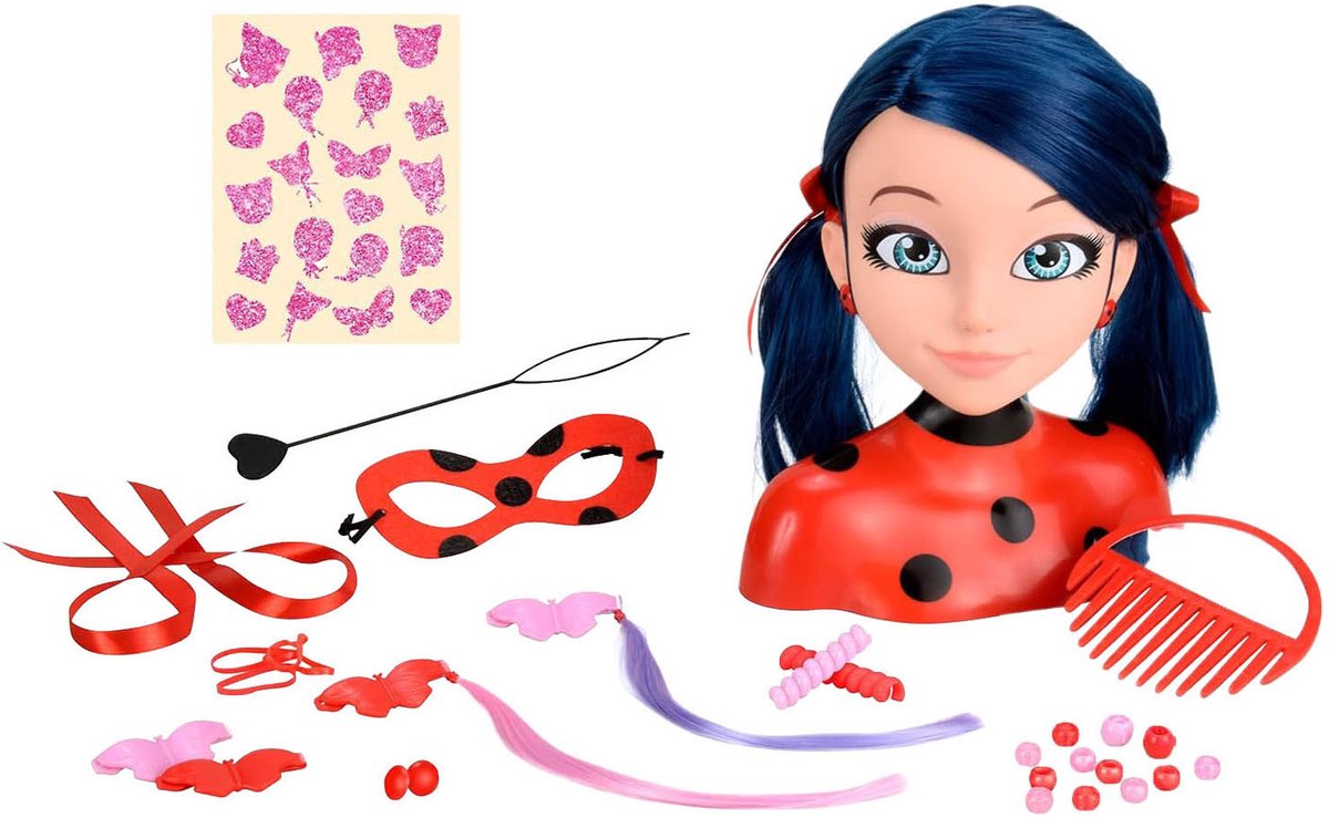 Bandai - miraculous ladybug - miraculous deluxe styling head 21cm - ladybug styling head + 30 accessories, clips, ribbons, jewelry - miraculous officially licensed - children's toys 4 years and + - p50247