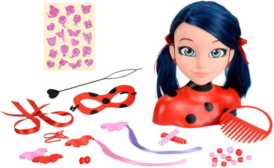Bandai - miraculous ladybug - cabezal de peinado miraculous deluxe 21cm - cabezal de peinado ladybug + 30 accesorios, clips, cintas, joyas - miraculous con licencia oficial - juguetes para niños a partir de 4 años - p50247