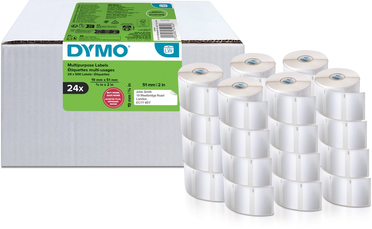 Dymo originele kleine labelwriter multifunctionele labels | 19 mm x 51 mm | 24 met elk 500 labels (12.000 zelfklevende etiketten) | gemakkelijk te verwijderen labels | voor labelwriter labelprinters