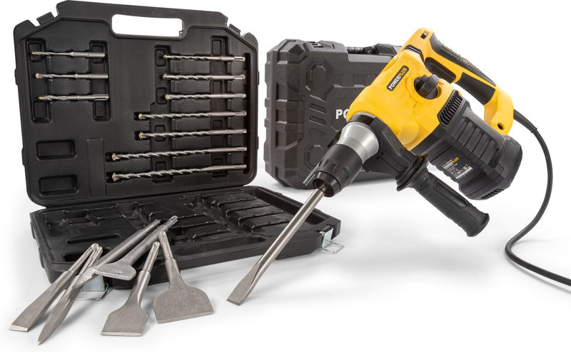 Trapano elettrico a percussione Powerplus POWX1199 - 4 in 1: foratura, foratura a percussione, scalpellatura e rotazione dello scalpello, trapano da 1500 W, 5 y, 6 funzioni di velocità, SDS-plus, 17 accessori