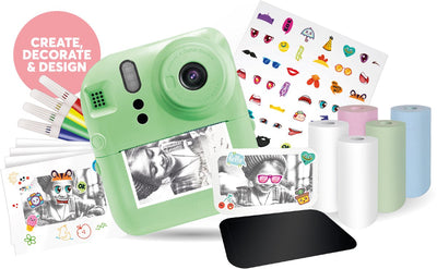 Kit fotomaker prodotti Vision fotocamera a stampa istantanea - fotocamera per bambini con 5 rotoli di carta da stampa, pennarelli, magneti, adesivi - stampante fotografica - giochi - schermo LCD da 2,4" - verde - per bambini dai 4 anni