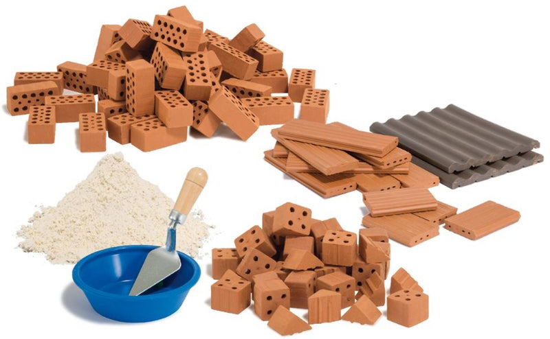 Caja de construcción Teifoc ® – juego de accesorios – 100 piezas – miniladrillos reales con cemento, cuenco y paleta – juego complementario para juegos de construcción – a partir de 6 años