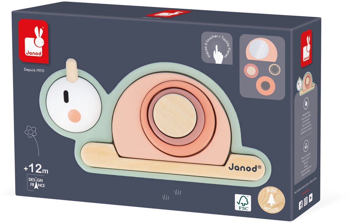 Janod sweet cocoon - sensorische houten slak - zet in elkaar als een puzzel met de 6 houten stukjes - 4 zintuiglijke stukken om te ontdekken met hun eigen handen! - geschikt vanaf 12 maanden