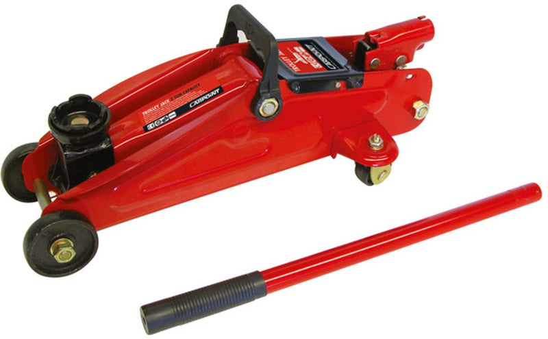 Martinetto da garage Carpoint - mobile - idraulico - capacità di carico massima 2000 kg - altezza di sollevamento 130-380 mm - valvola di sicurezza automatica - asta della pompa lunga - rotelle - con certificazione di prodotto TüV GS