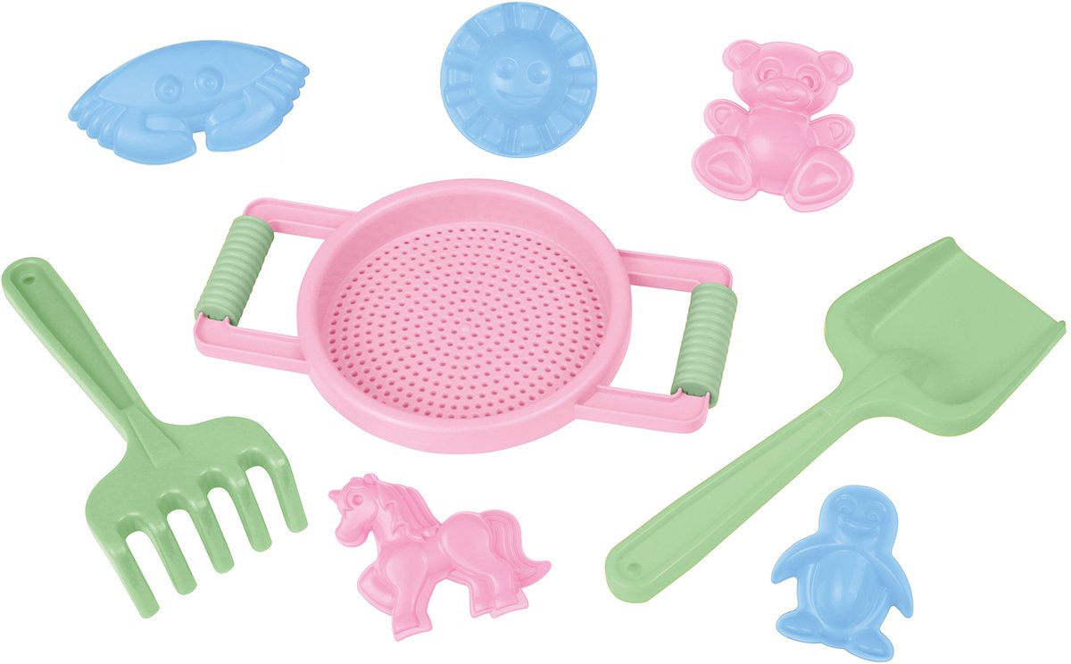 Lena sandbox play set 8 pieces of colorful plastic toys.