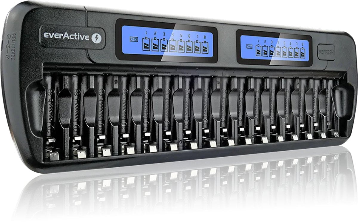 Everactive nc-1600 professionele batterijlader - voor 1 tot 16 aa aaa batterijen - onafhankelijke laadkanalen - lcd display - inclusief autolader