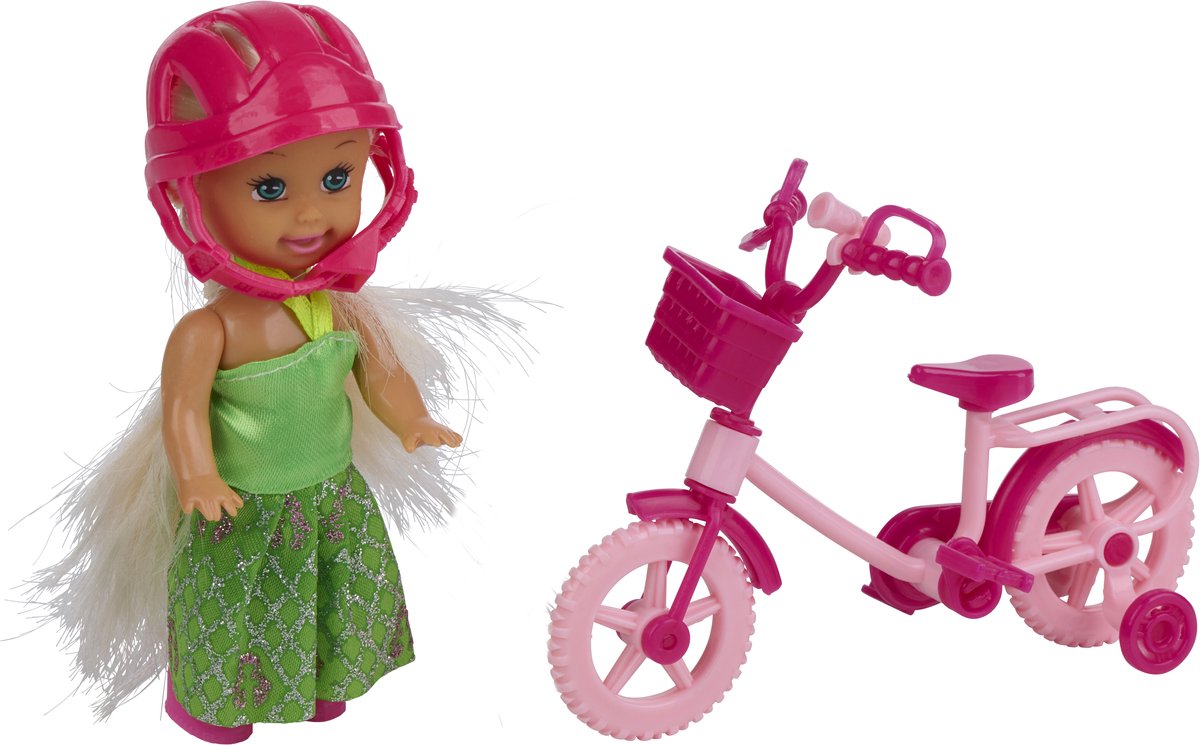 Eddy Toys muñeca de moda mini con bicicleta - muñeca de moda con bicicleta rosa y casco - juego con ruedas de entrenamiento y cesta - mini muñeca con accesorios - verde y rosa
