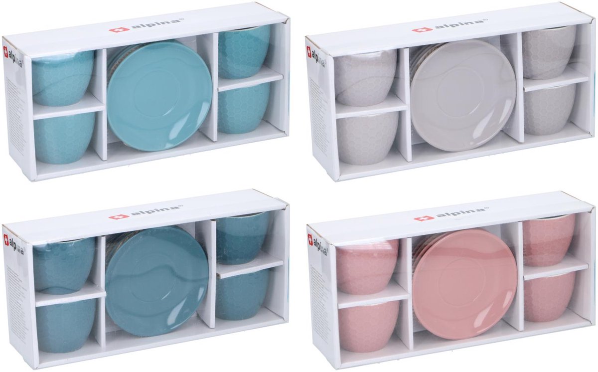 Alpina cappuccino mokken met schotels 8-delig – 4 koffiemokken met schotels – assorti kleuren – 200 ml