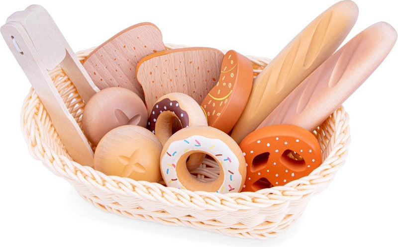 Set da gioco Woet ® cestino per il pane in legno - vari panini di pasticceria in cestino con pinze - gioco di ruolo negozio di panetteria - accessori da cucina giocattolo per bambini - a partire da 2 anni