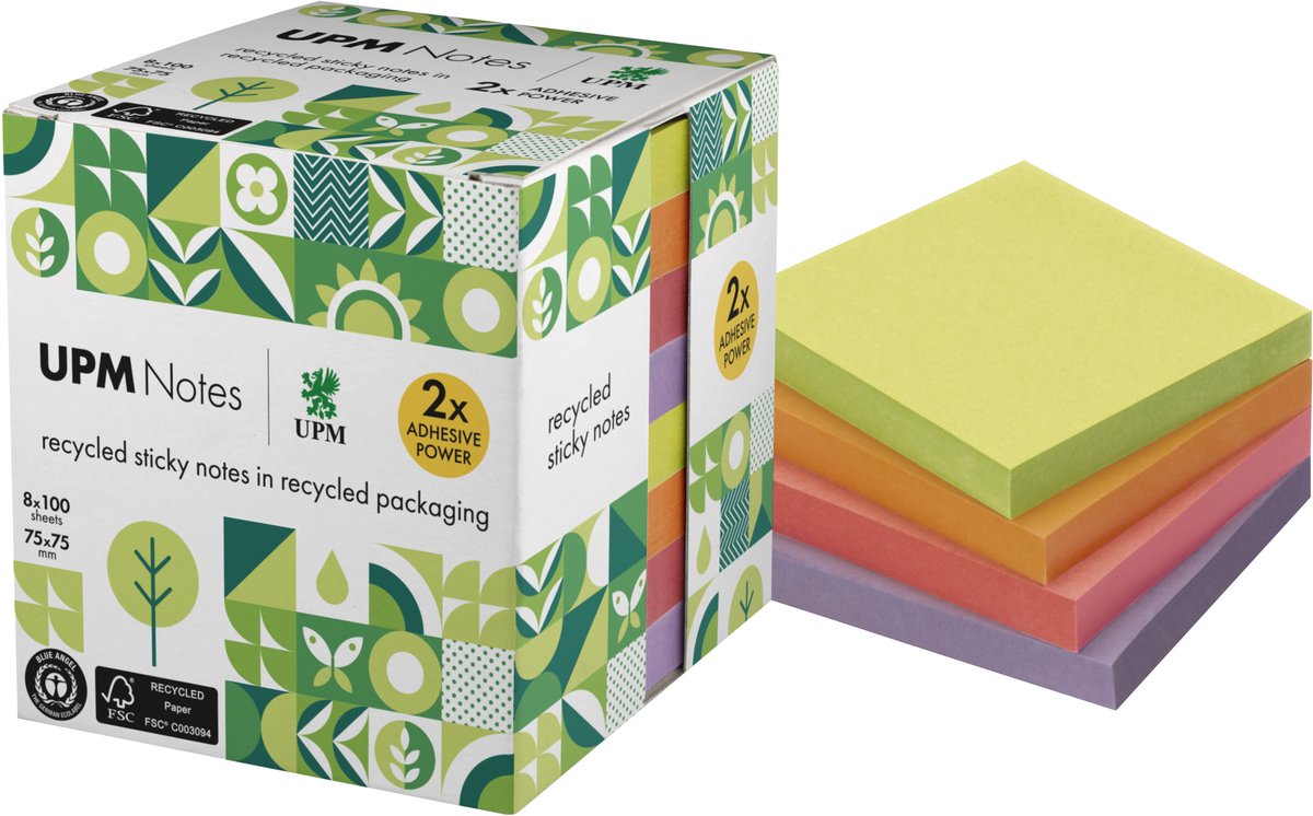 Info notes upm sticky notes - formaat 75 x 75 mm - assorti kleuren - 8 memoblokken - in-5654-97ur-8