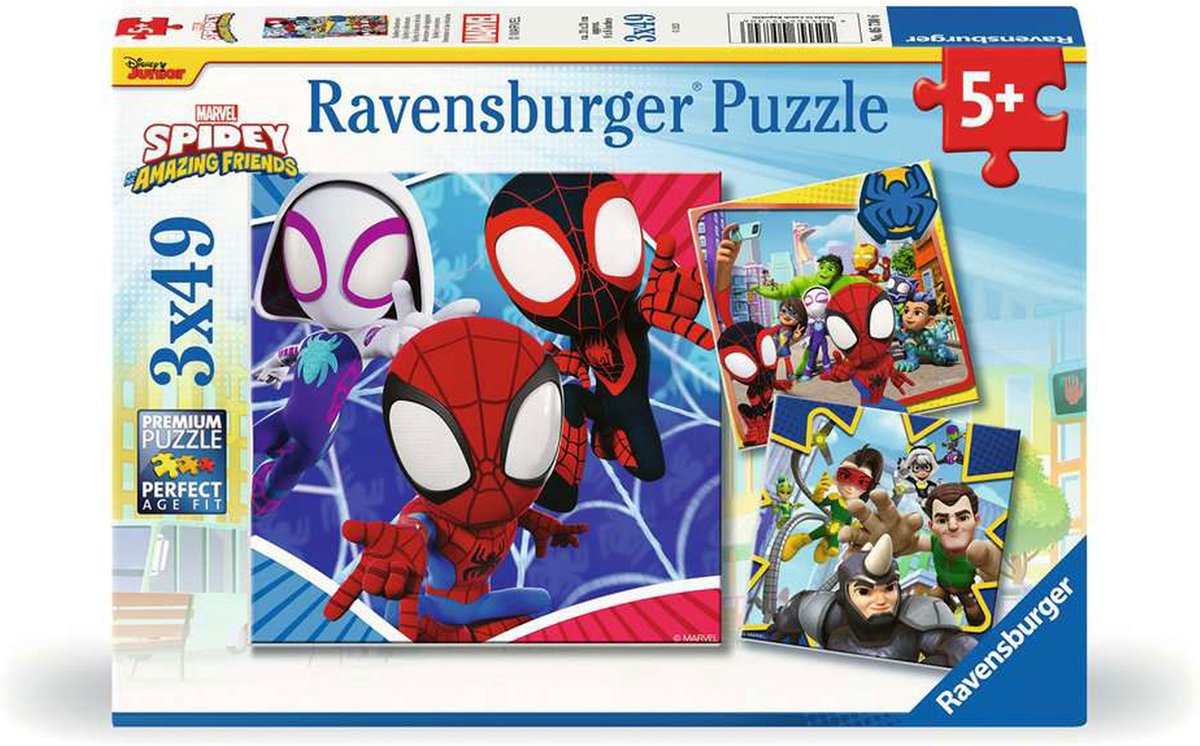 Marvel ravensburger spiderman - spidey i suoi fantastici amici puzzle per bambini (3 x 49 pezzi) - multicolore