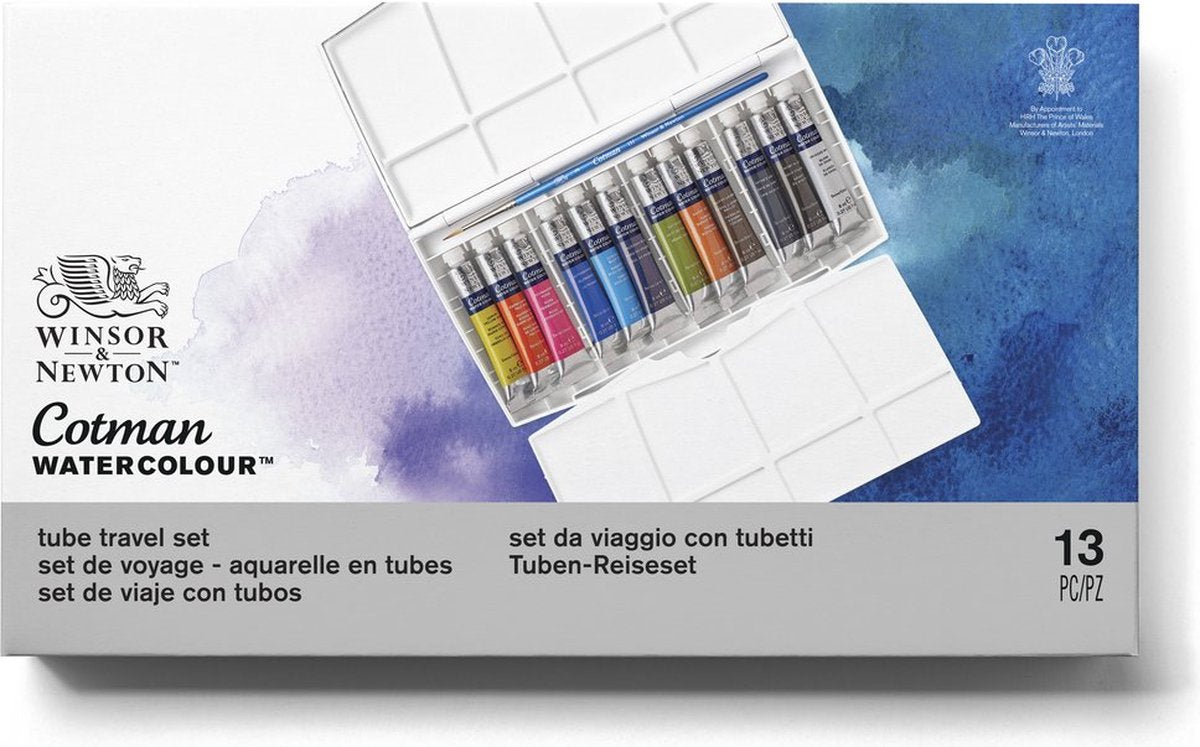 Winsor Newton 0390377 Cotman Set di colori ad acquerello – Set da viaggio 12 tubi – Acquerello da 8 ml con pennello – Set da studio per acquerello da viaggio