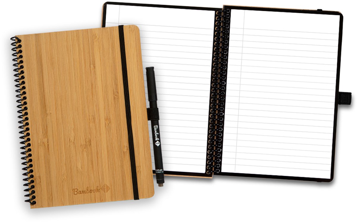 Taccuino cancellabile classico Bambook - copertina rigida - A5 - pagine a righe - taccuino con lavagna bianca resistente e riutilizzabile - con 1 pennarello gratuito