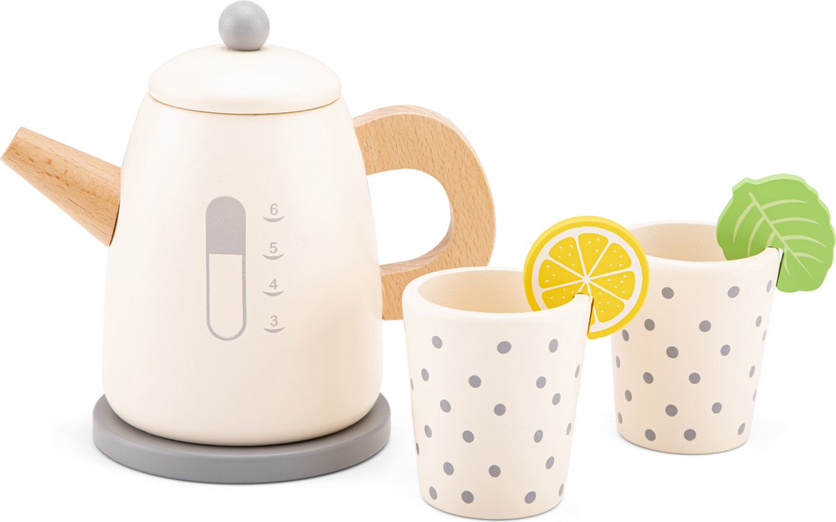 Bollitore giocattolo in legno Woet ® - set da gioco con 2 tazze con limone e menta - robot da cucina giocattolo per bambini - FSC - giochi di ruolo da cucina - da 3 anni
