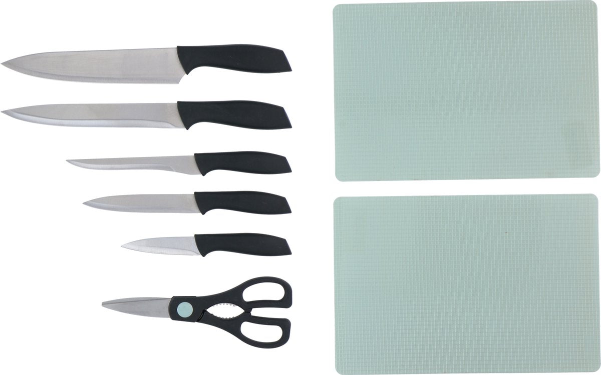 Set coltelli Alpina - 8 pezzi - coltello da chef, coltello da taglio, coltello per disosso, coltello universale e coltello per sbucciare - con forbici - incl. 2 taglieri