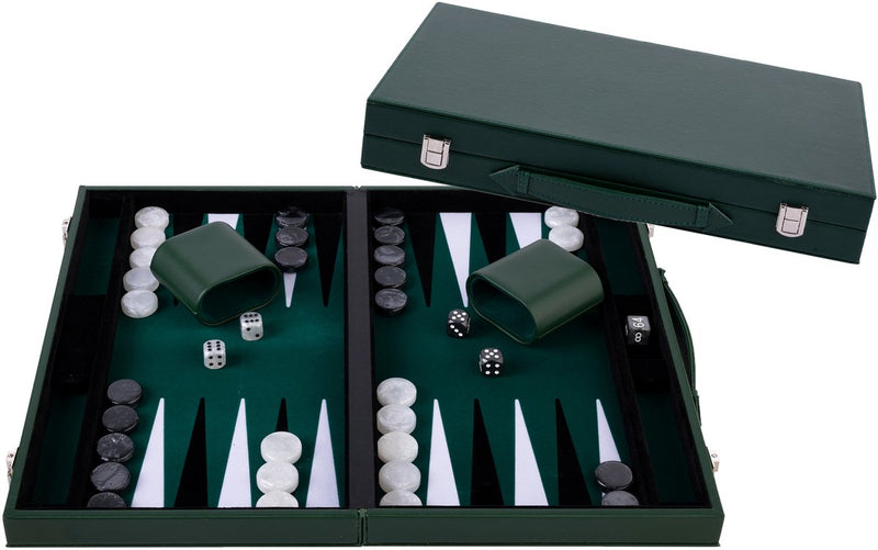 Backgammon Longfield de 18 pulgadas - tablero con incrustaciones verde, blanco y negro - lujoso estuche verde con asa - corazón de ángel