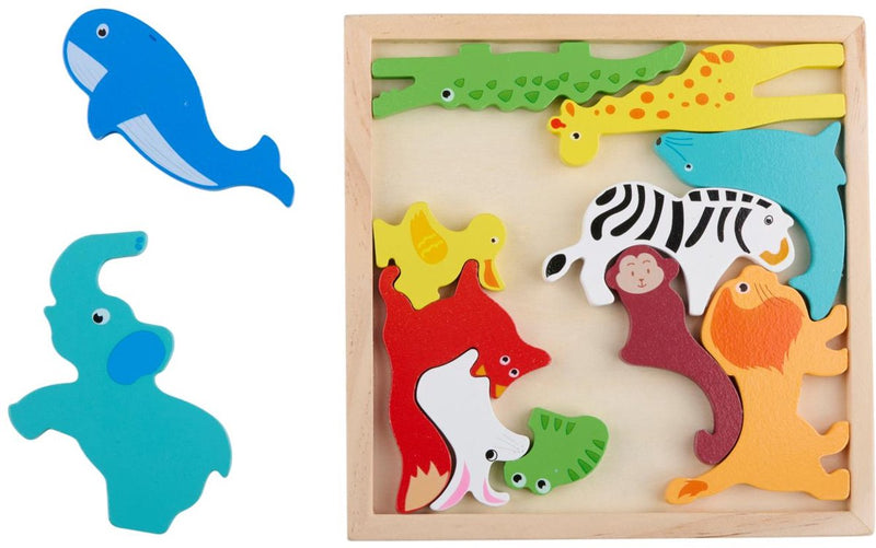 Puzzle de animales de madera con marionetas y tablero de rompecabezas - 12 piezas - Puzzle infantil con figuras de animales - Puzzle de madera para niños - Puzzle de animales con marco de madera
