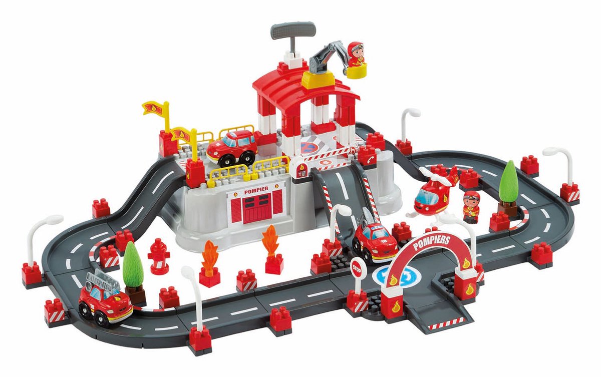 Abrick Ecoiffier Construction Set - Brigada de incendios con tapa como base de juego, incluidos los accesorios para la mini ciudad - Almacenamiento en toneladas - desde 18 meses
