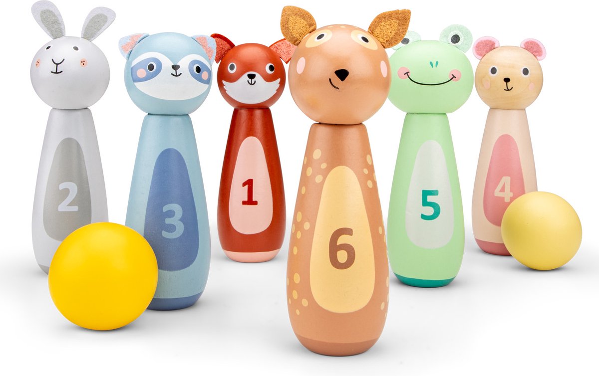 Set da bowling per animali in legno Woet ® per bambini - gioco di birilli con 6 birilli e 2 palline - fsc - gioco educativo - da 3 anni