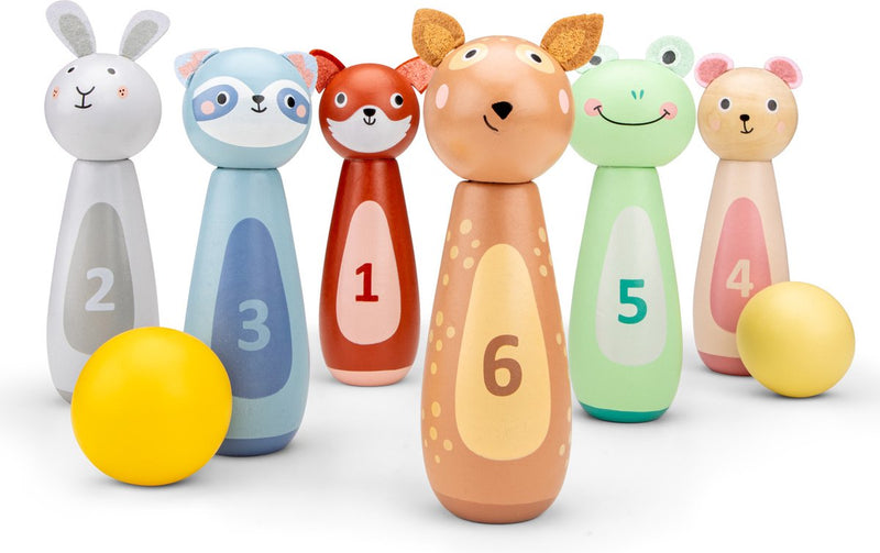 Set da bowling per animali in legno Woet ® per bambini - gioco di birilli con 6 birilli e 2 palline - fsc - gioco educativo - da 3 anni