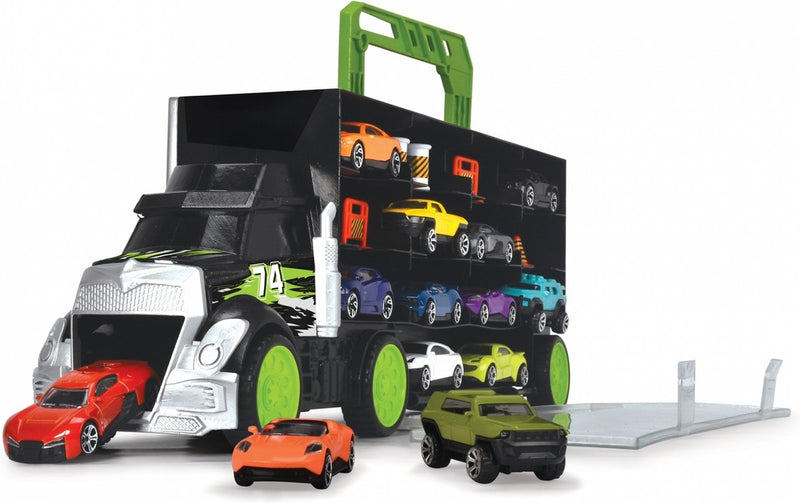 Transportador con 4 autos y accesorios fundidos