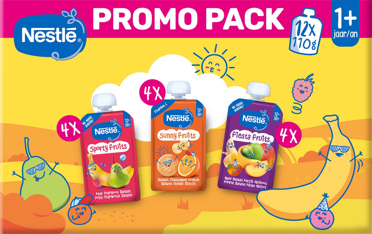 Nestlé frutas verano multipack - fruta exprimible - 3 sabores - 12+ meses - 12 x 110g
