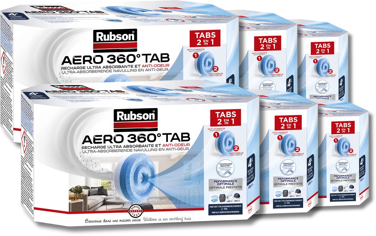 Rubson refills aero 360 neutral 24 x 450g - moisture absorber refill tabs with anti-odor technology