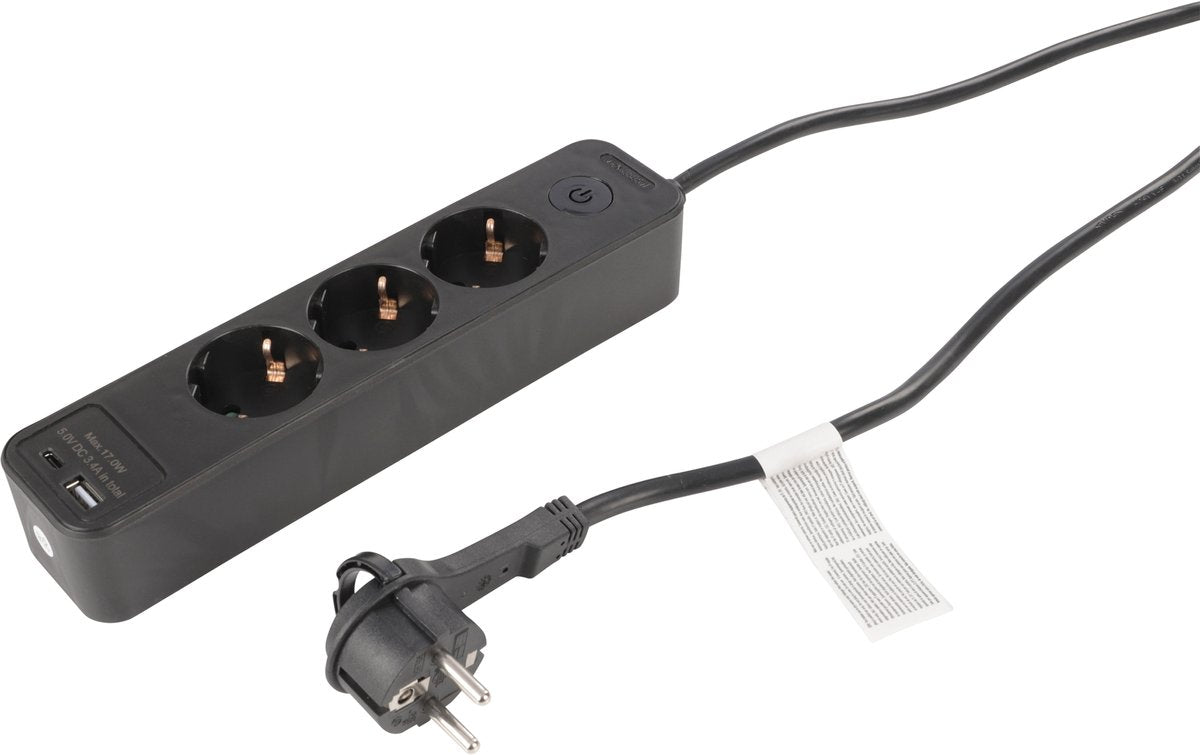 Multipresa Q-link - 3 vie - con terra - con spina piatta - USB A-C - 3 x 1,5 mmâ² - 1,5 m - nera