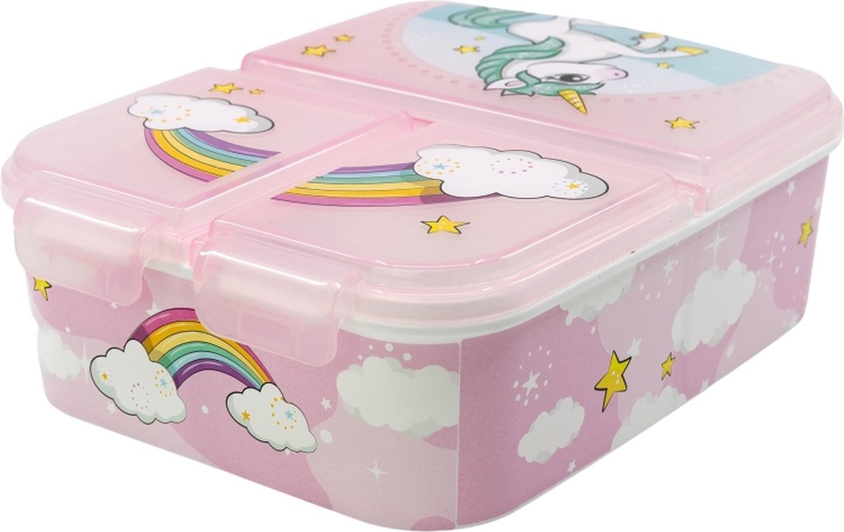Mickey mouse unicorn regenboog multi broodtrommel 3 vakjes - 18x13 cm - brooddoos
