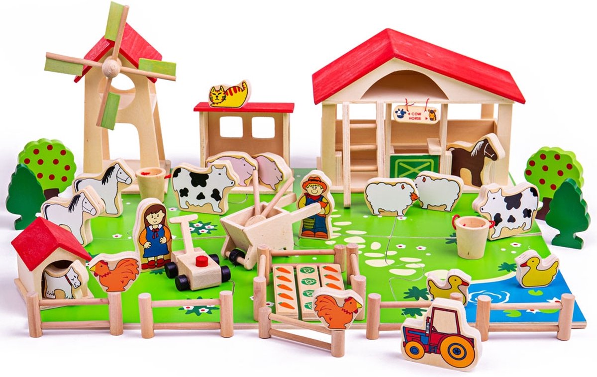 Bigjigs Wooden Play Farm con accessori, 48dlg.