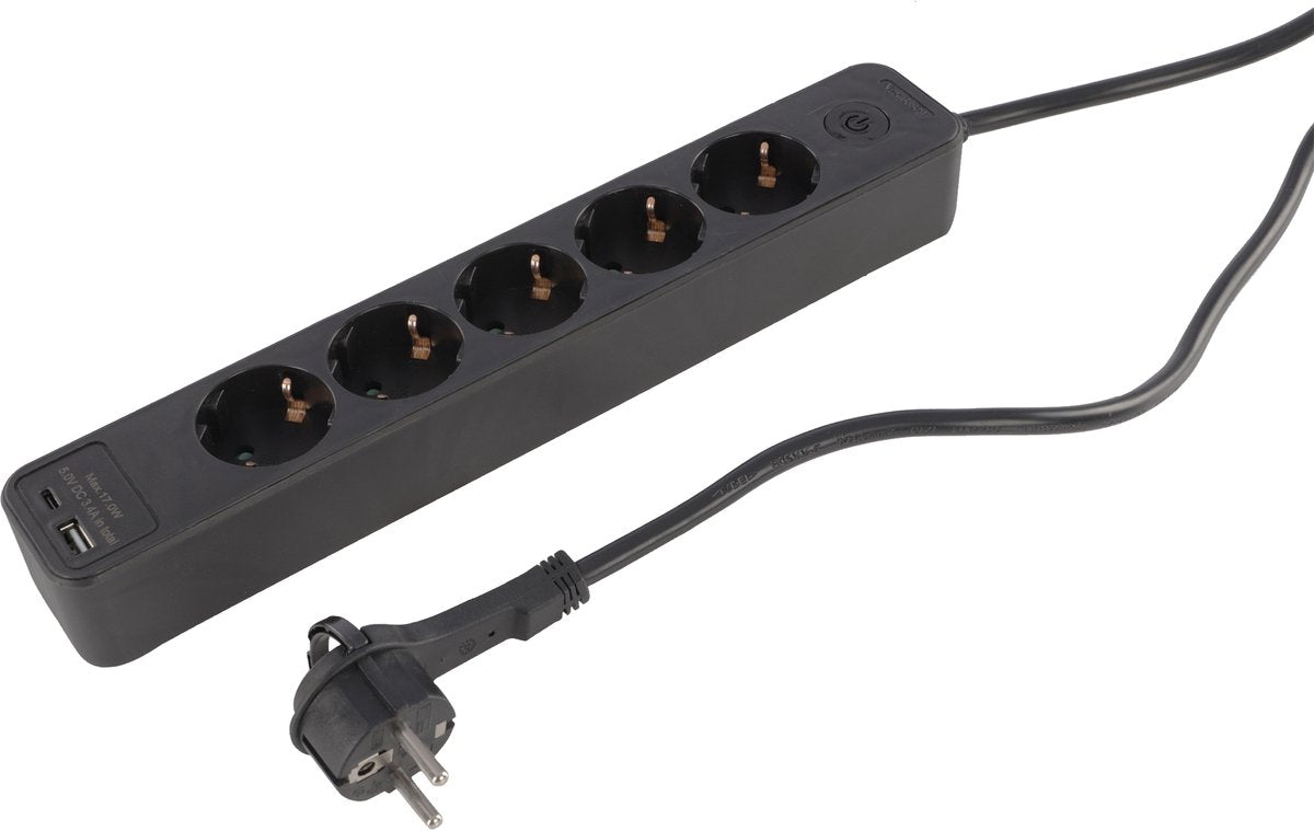 Multipresa Q-link - 5 prese - con terra - con spina piatta - USB A-C - 3 x 1,5 mmã‚â² - 1,5 m - nera