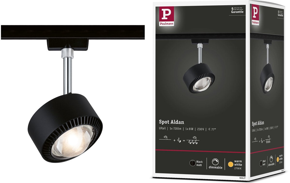 Paulmann urail railspot aldan losse spot 498lm 8w 2700k dimbaar 230v zwart mat