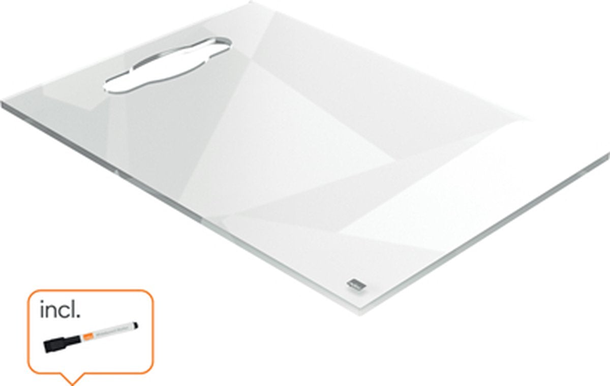Nobo a4 draagbaar acryl mini whiteboard voor op bureau - geïntegreerd handvat, droog uitwisbaar - 210 x 297 millimeter - inclusief marker - transparant