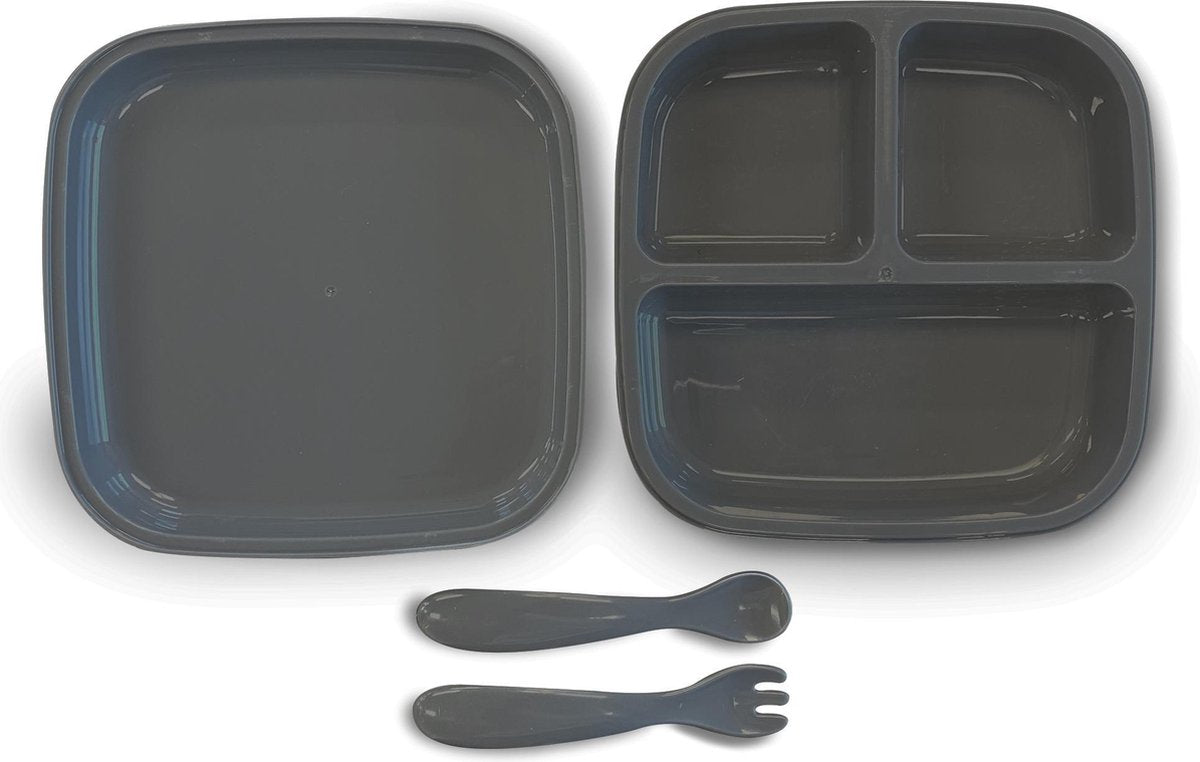 Set di piatti Deryan Quby piatto in silicone con cucchiai - piatto per bambini - set di stoviglie per bambini grigio