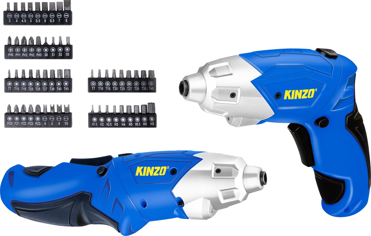 Kinzo elektrische schroevendraaier - met bitset - accu - 54 bits - o.a. sleufkop, torx, phillips, pozidriv en inbus