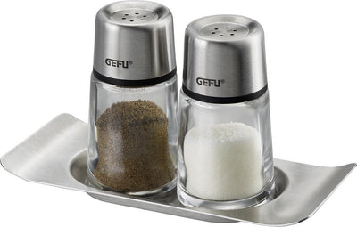 Juego de salero y pimentero Gefu Brunch – Coctelera de vidrio con posavasos de acero inoxidable – Apto para lavavajillas