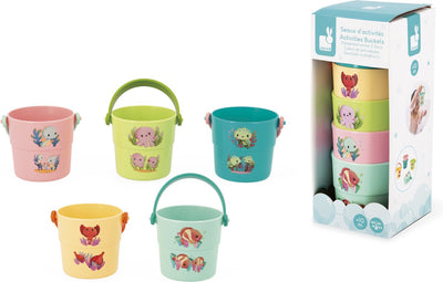 Janod - juguetes para el baño - cubos de baño con animales bebés