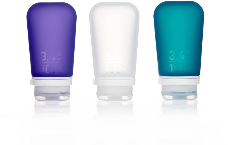 Attrezzatura umana - gotoob+ confezione da 3 - bottiglia da viaggio - fiaschetta - a prova di perdite - riutilizzabile - leggera - grande -100 ml - verde acqua viola trasparente