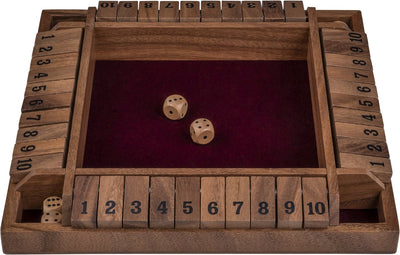 Longfield shut the box 4 spelers – walnoot houten dobbelspel – 29 x 29 cm – met ingelegd vilt 8 houten dobbelstenen – gezelschapsspel – engelhart