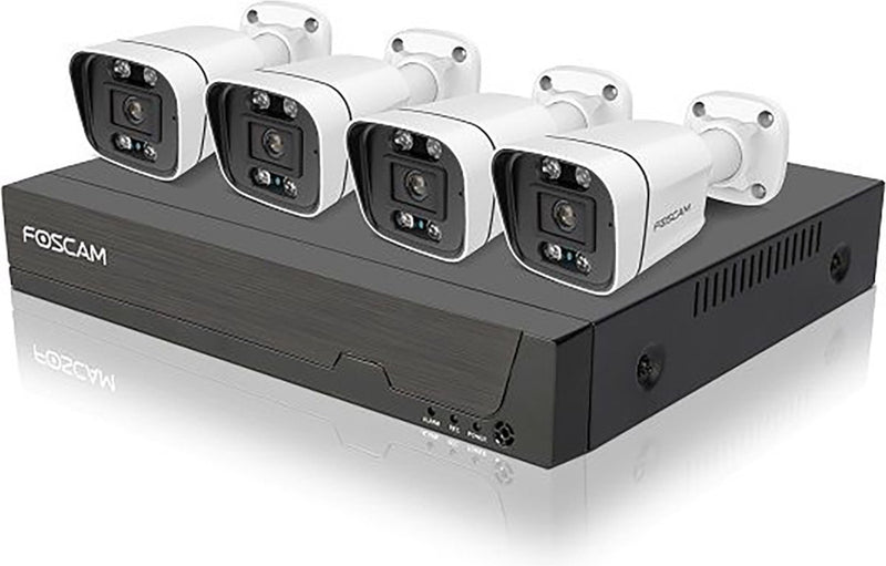 Sistema de seguridad poe foscam fn9108e-b4-2t - kit nvr de 5mp de 8 canales con 4 cámaras tipo bala - detección de personas y vehículos - visión nocturna - h.264+ - plug play - disco duro de 2tb - negro