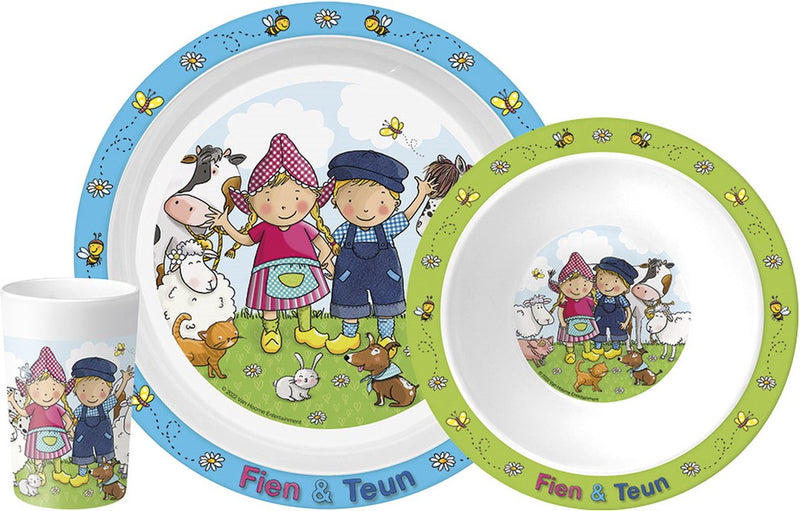 Bambolino fien en teun set stoviglie per bambini 3 pezzi - piatto, ciotola e tazza - fattoria - giocattoli